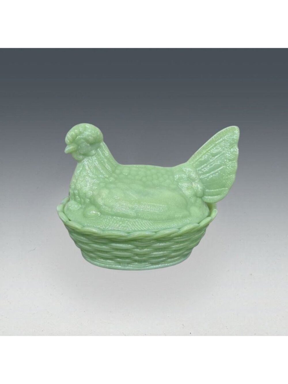 Jadeite green glass hen on nest covered dish, 6 3/8"